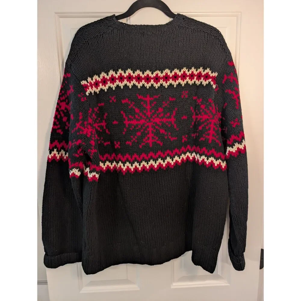 J.Crew Handknit Fair Isle Snowflake Sweater Men's L Black Red Lambswool